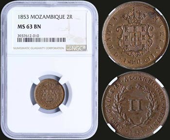 MOZAMBIQUE: 2 Reis (1853) in copper with ... 