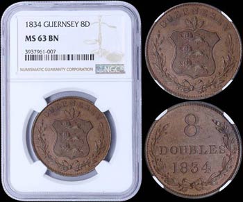 GUERNSEY: 8 Doubles (1834) in copper with ... 