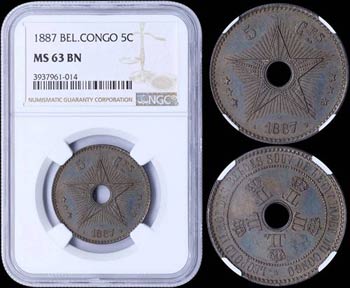BELGIAN CONGO: 5 Centimes (1887) in copper ... 
