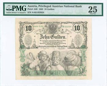 AUSTRIA: 10 Gulden (15.1.1863) in black and ... 