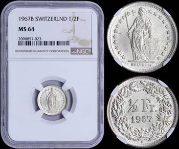 SWITZERLAND: 1/2 Franc (1967 B) in silver ... 