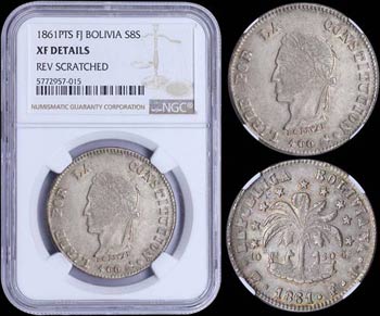BOLIVIA: 8 Soles (1861 PTS FJ) in silver ... 