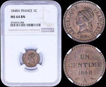 FRANCE: 1 Centime (1848 A) in bronze with ... 