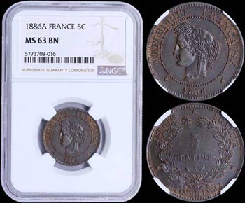 FRANCE: 5 Centimes (1886 A) in bronze with ... 