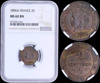 FRANCE: 2 Centimes (1896 A) in bronze with ... 