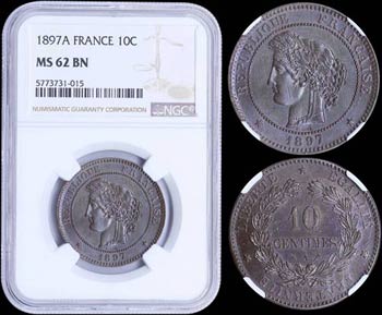 FRANCE: 10 Centimes (1897 A) in bronze with ... 