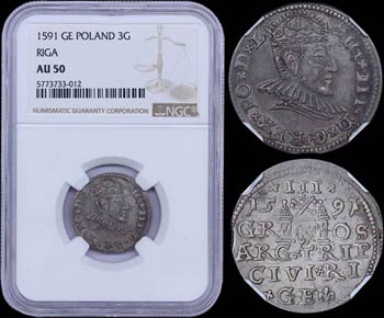 POLAND / RIGA: 3 Groschen (1591 GE) in ... 
