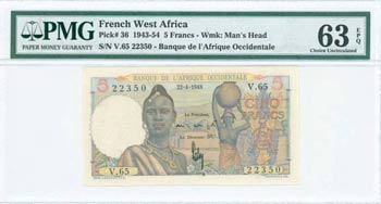 FRENCH WEST AFRICA: 5 Francs (22.4.1948) in ... 