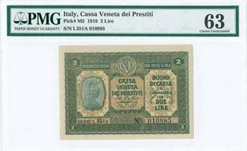 ITALY: 2 Lire (2.1.1918) in green with ... 