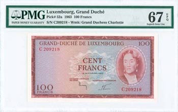 LUXEMBOURG: 100 Francs (18.9.1963) in dark ... 