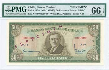 CHILE: Specimen of 50 Escudos (ND 1962-75) ... 