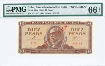 CUBA: Specimen of 10 Pesos (1961) in brown ... 