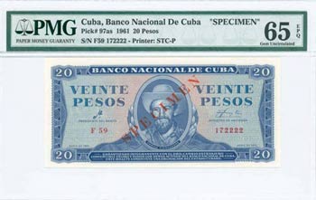 CUBA: Specimen of 20 Pesos (1961) in blue on ... 