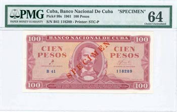 CUBA: Specimen of 100 Pesos (1961) in light ... 