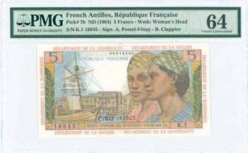 FRENCH ANTILLES: 5 Francs (ND 1964) in brown ... 