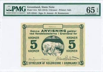GREENLAND: 5 Kroner (ND 1913) in dark green ... 