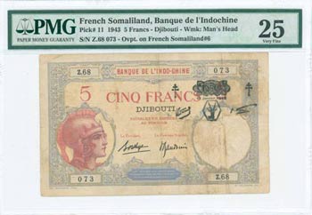 FRENCH SOMALILAND: 5 Francs (1.1.1943) with ... 
