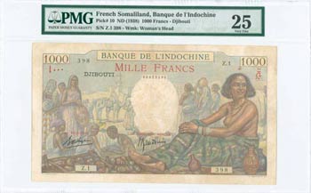 FRENCH SOMALILAND: 1000 Francs (ND 1938) in ... 