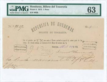 HONDURAS: 1 Peso (20.4.1873) in black of ... 