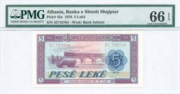 ALBANIA: 5 Leke (1976) in lilac and blue on ... 
