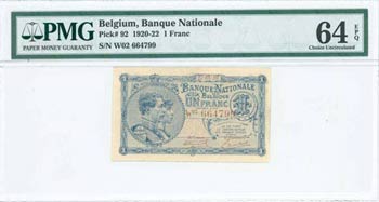 BELGIUM: 1 Franc (27.4.1920) in blue on gray ... 