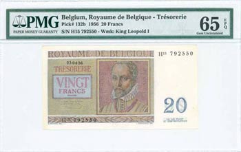 BELGIUM: 20 Francs (3.4.1956) in lilac, ... 