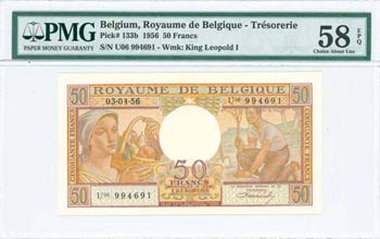 BELGIUM: 50 Francs (3.4.1956) in yellow, ... 
