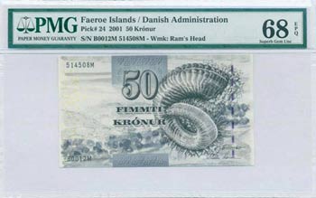 FAEROE ISLANDS: 50 Kronur (2001) in black on ... 