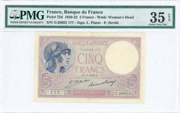 FRANCE: 5 Francs (1.7.1927) in lilac with ... 