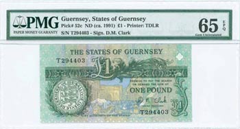 GUERNSEY: 1 Pound (ND 1991) in dark green ... 