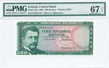 ICELAND: 500 Kronur (Law 29.3.1961) in green ... 