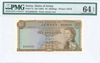 JERSEY: 10 Shillings (ND 1963) in brown on ... 
