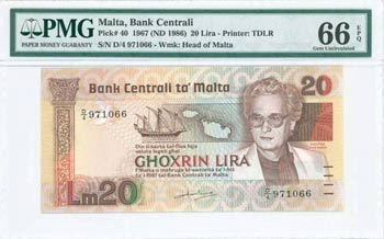 MALTA: 20 Lira (Law 1967 - ND 1986) in brown ... 