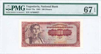 YUGOSLAVIA: 100 Dinara (1.5.1963) in dark ... 
