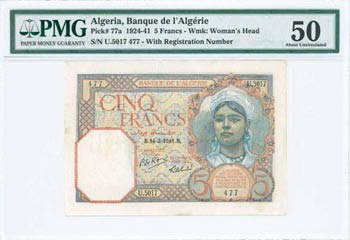 ALGERIA: 5 Francs (14.3.1941) in red-orange, ... 