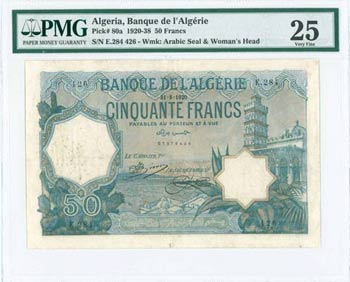 ALGERIA: 50 Francs (31.8.1920) in green with ... 