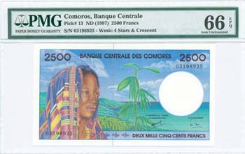 COMOROS: 2500 Francs (ND 1997) in purple and ... 