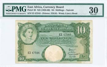 EAST AFRICA: 10 Shillings (ND 1958) in green ... 