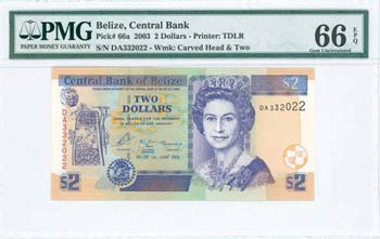 BELIZE: 2 Dollars (1.6.2003) in multicolor ... 