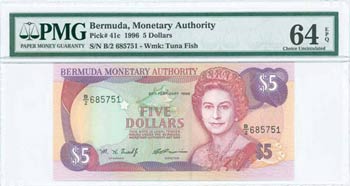 BERMUDA: 5 Dollars (20.2.1996) in red-violet ... 