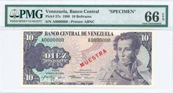VENEZUELA: Specimen of 10 Bolivares ... 