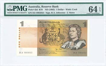AUSTRALIA: 1 Dollar (ND 1983) in dark brown ... 
