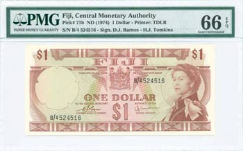 FIJI: 1 Dollar (ND 1974) in brown on brown, ... 