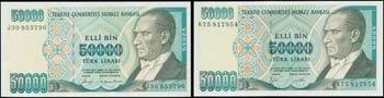 TURKEY: Set of 2 banknotes including 50000 ... 