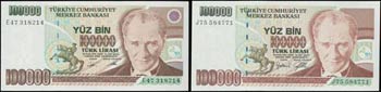 TURKEY: Set of 2 banknotes including 100000 ... 