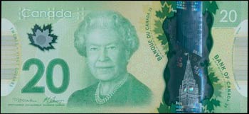 CANADA: 20 Dollars (2012) in green with ... 