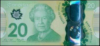 CANADA: 20 Dollars (2015) in green ... 