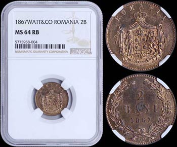 ROMANIA: 2 Bani (1867 WATT & CO) in copper ... 