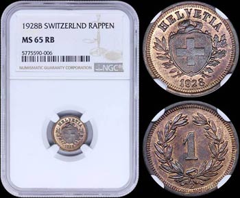 SWITZERLAND: 1 Rappen (1928 B) in bronze ... 