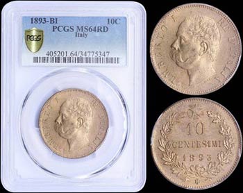 ITALY: 10 Centesimi (1893 BI) in copper with ... 